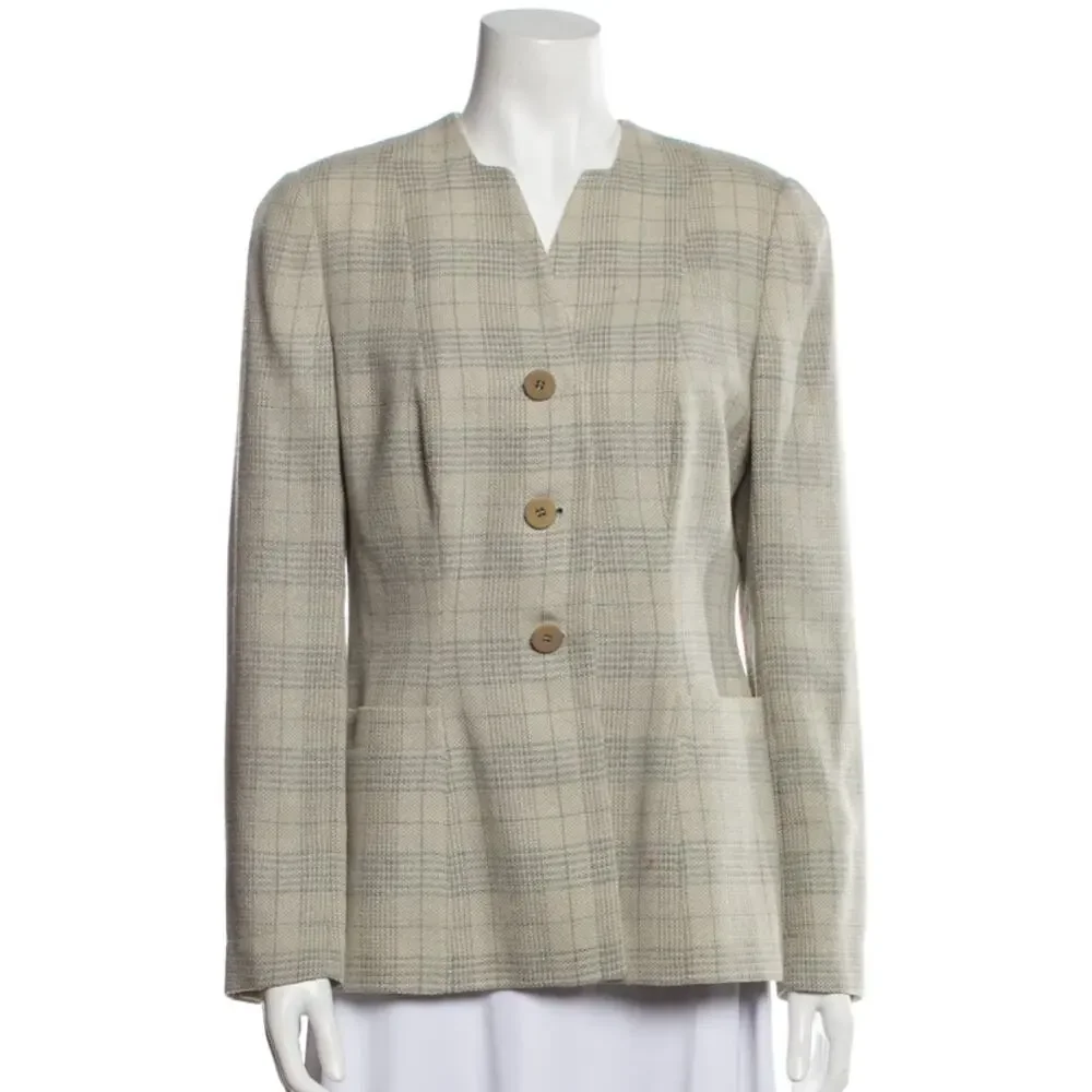 Giorgio Armani Le Collezioni Vintage Plaid Blazer Jacket Light Grey Size 38